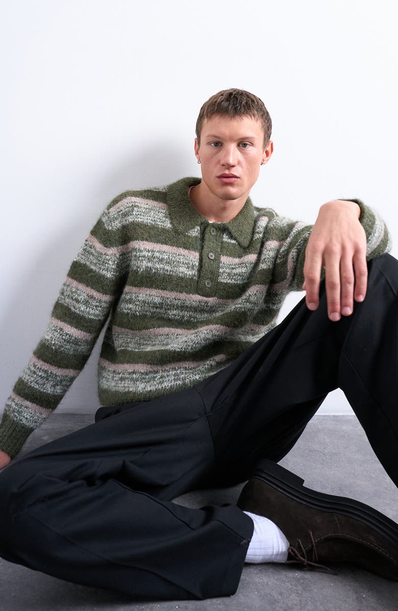 Topman Relaxed Fit Stripe Polo, Alternate, color, Green Khaki