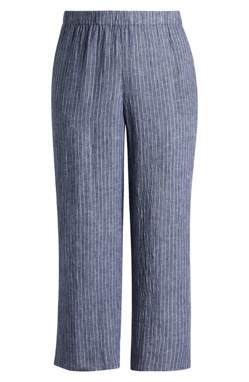 Eileen Fisher Stripe Crop Organic Linen Wide Leg Pants In Blue