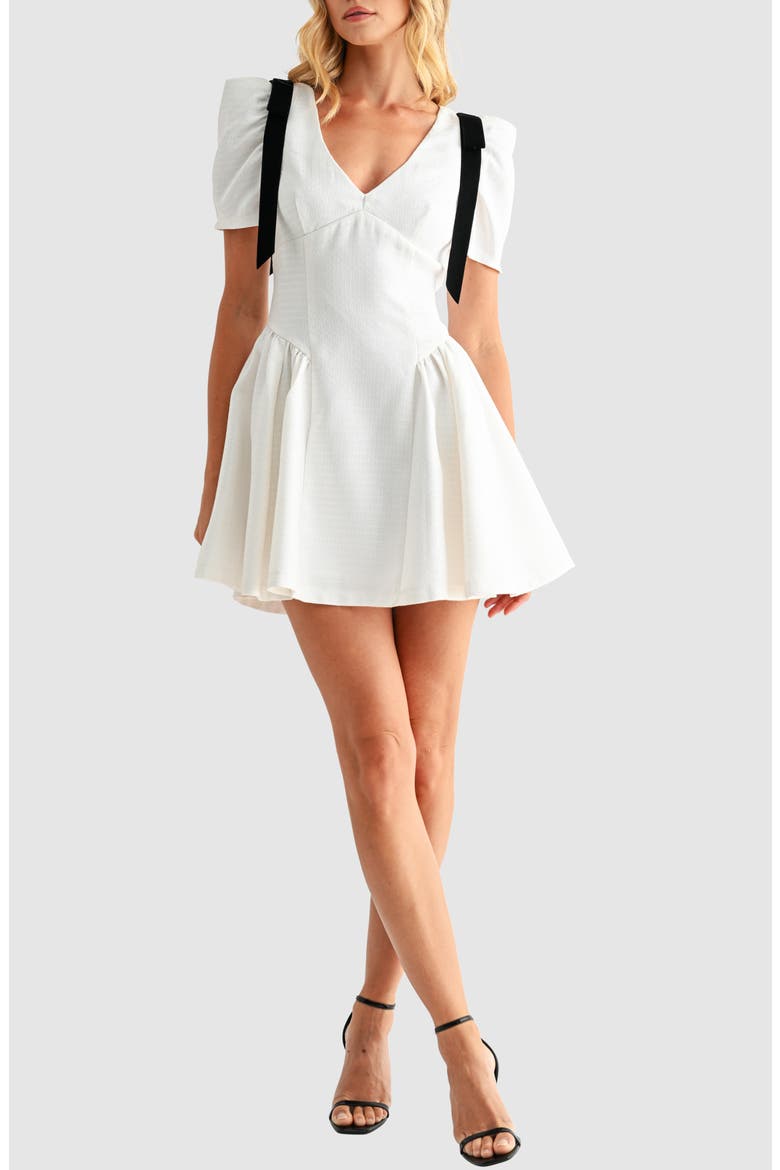 Contrast Tie Detail Tweed Cocktail Minidress, Main, color, IVORY BLACK