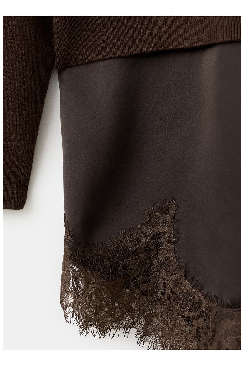 Mixed Media Asymmetric Hem Lace Trim Sweater, Alternate, color, CHOCOLATE