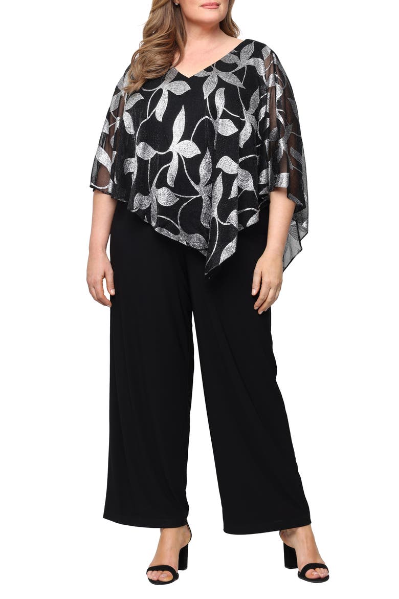 Foil Asymmetric Capelet Wide Leg Jumpsuit, Main, color, BLACK SILK