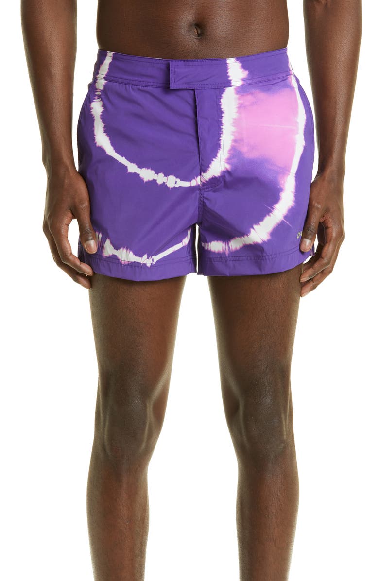 Off-White Sunrise Tie Dye Swim Trunks, Main, color, Purple Lime