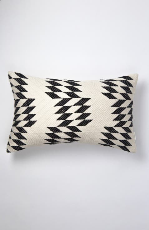 Almolonga Black and Ivory Handwoven Brocade Cotton Rectangle Quilt Pillow