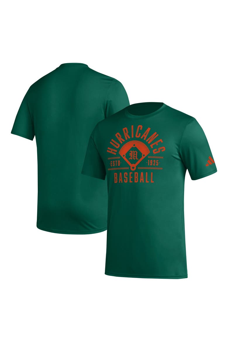 Men's adidas  Green Miami Hurricanes Exit Velocity Baseball Pregame AEROREADY T-Shirt, Main, color, Green