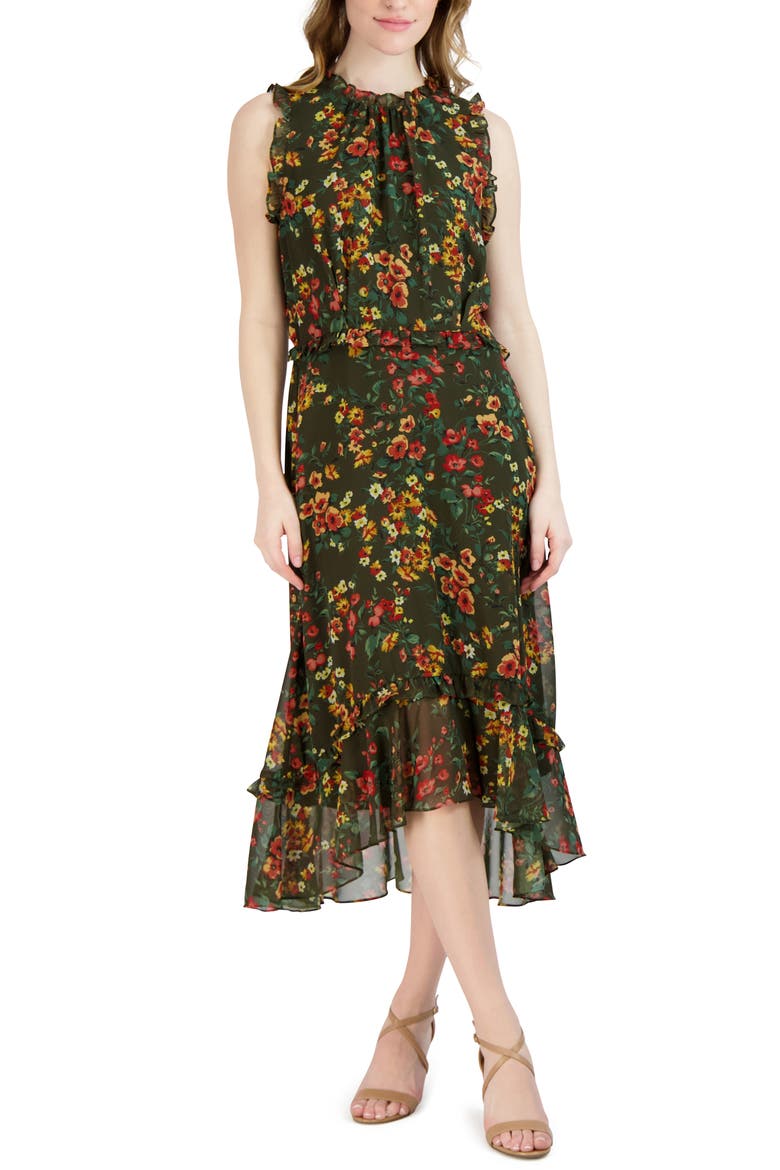 Floral Sleeveless Ruffled High-Low Midi Dress, Main, color, OLIVE MULTI