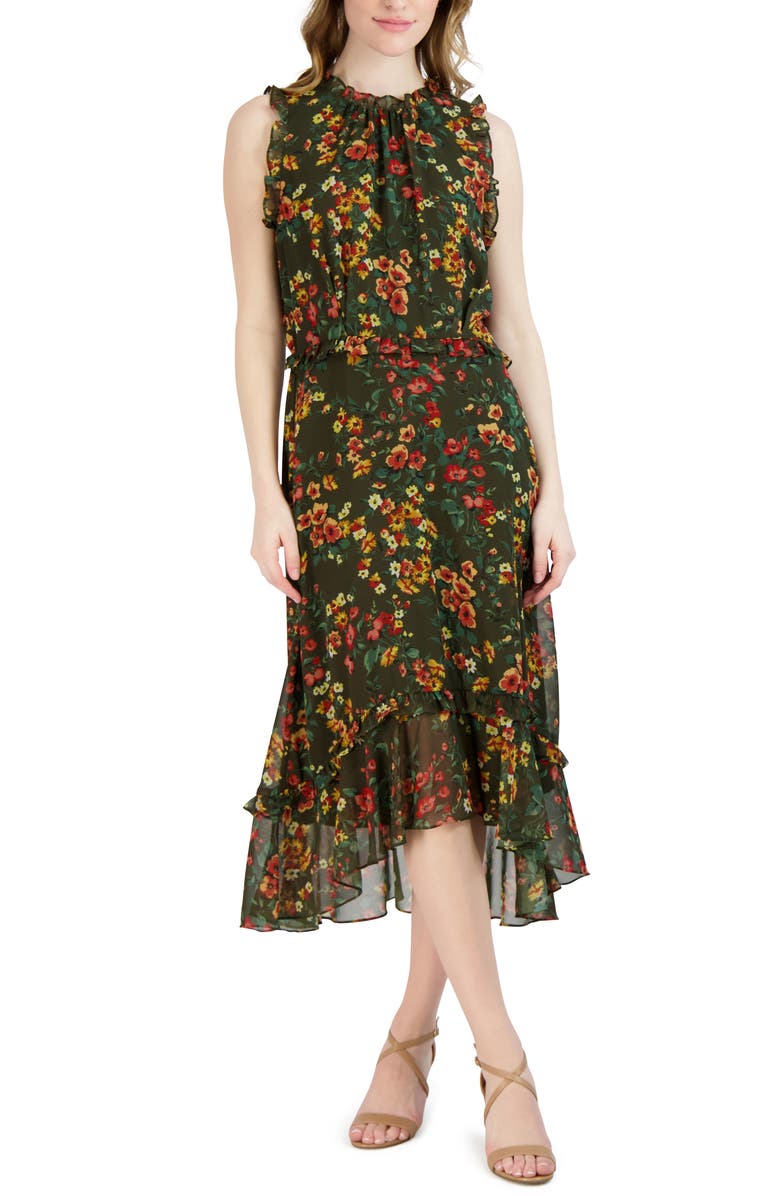 Julia Jordan Floral Sleeveless Ruffled High-Low Midi Dress, Main, color, Olive Multi