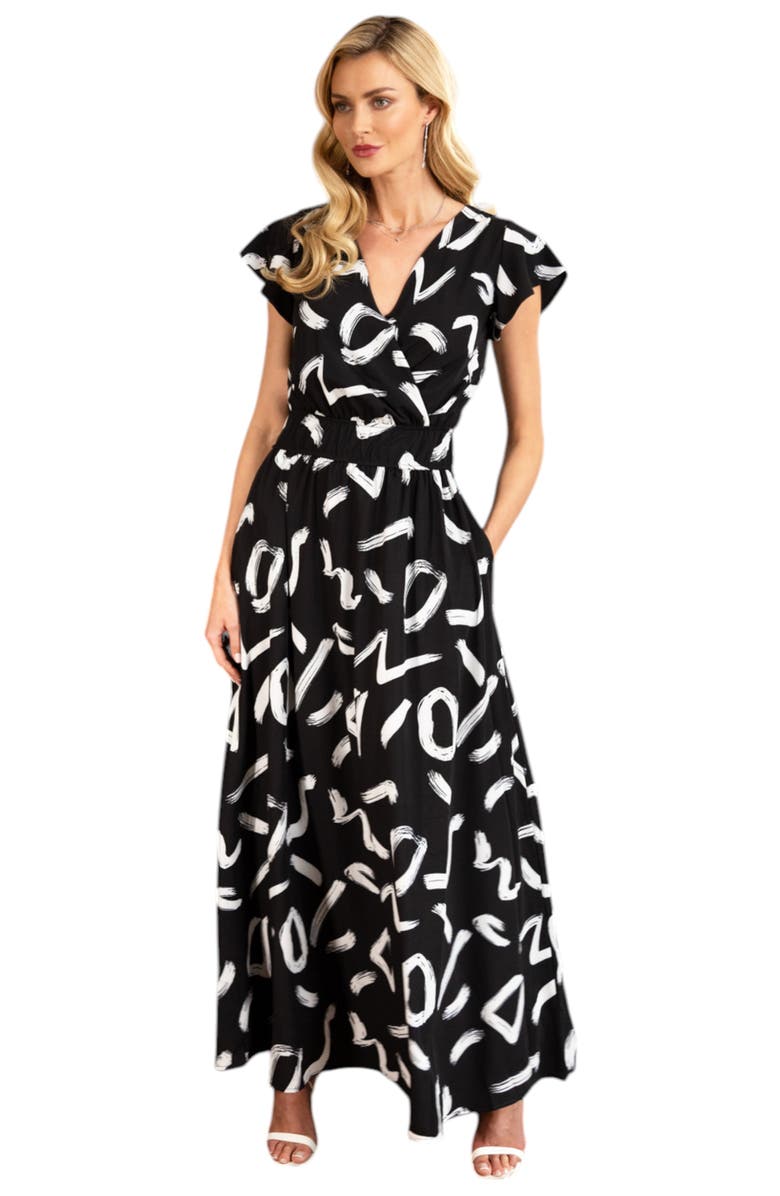 HotSquash London Clothing Abstract Print Chiffon Faux Wrap Maxi Dress, Alternate, color, Black With White Brush Strokes