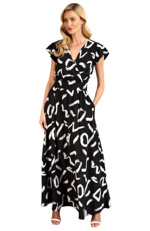 Hotsquash London Clothing Abstract Print Chiffon Faux Wrap Maxi Dress In Black With White Brush Strokes