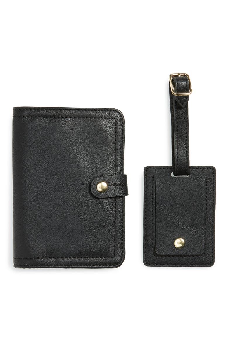 Faux Leather Passport Case & Luggage Tag Set, Main, color, BLACK