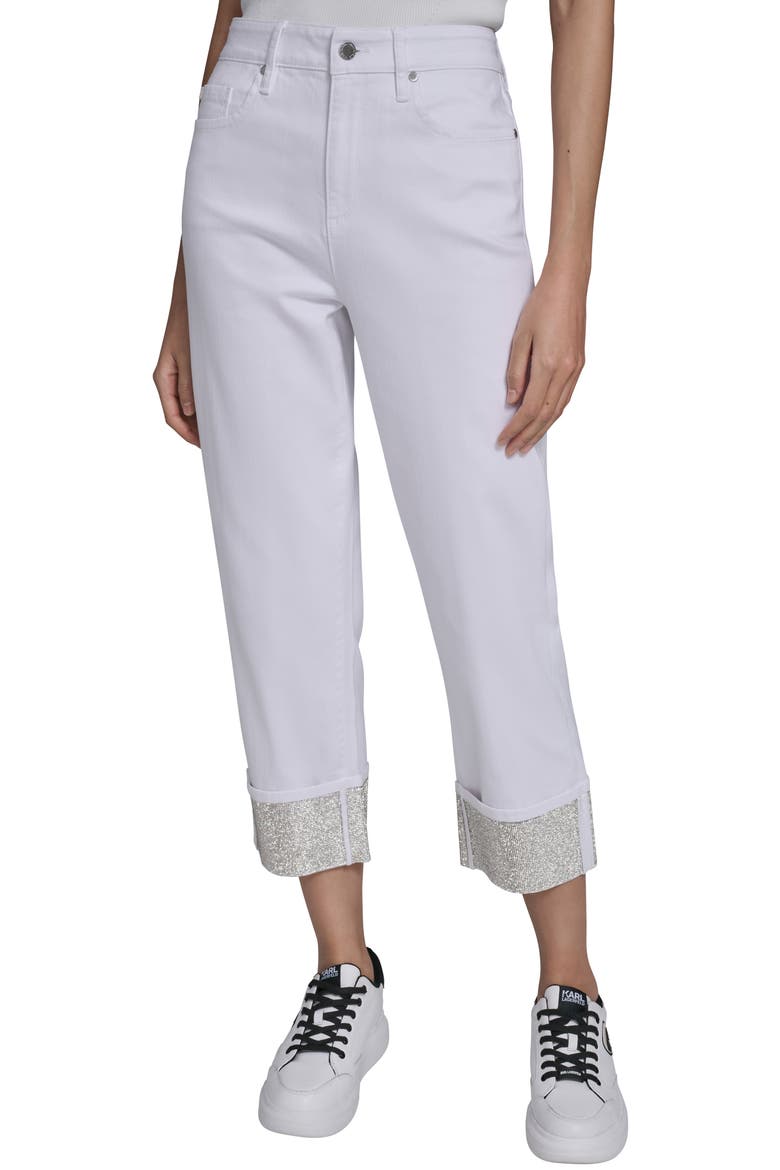 Rhinestone Cuff Ankle Straight Leg Jeans, Main, color, WHITE DENIM