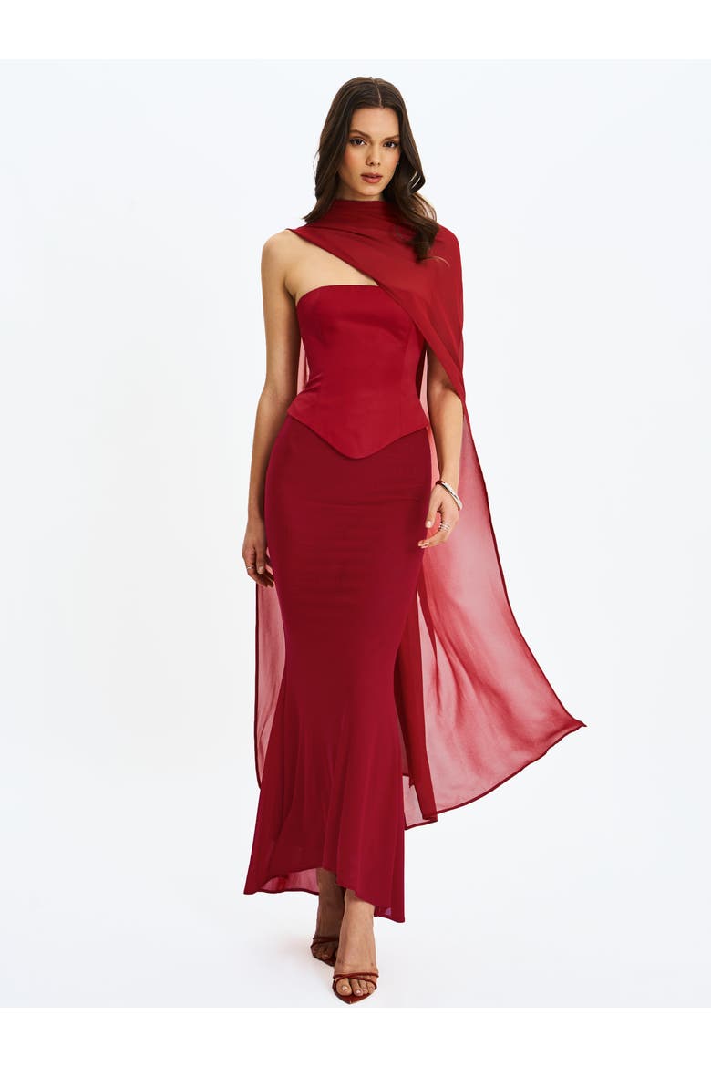 Giselle Peplum Mermaid Gown with Chiffon Scarf, Alternate, color, Crimson