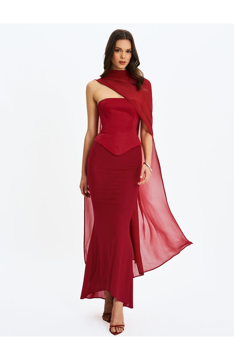 Miss Circle Giselle Peplum Mermaid Gown with Chiffon Scarf, Alternate, color, Crimson