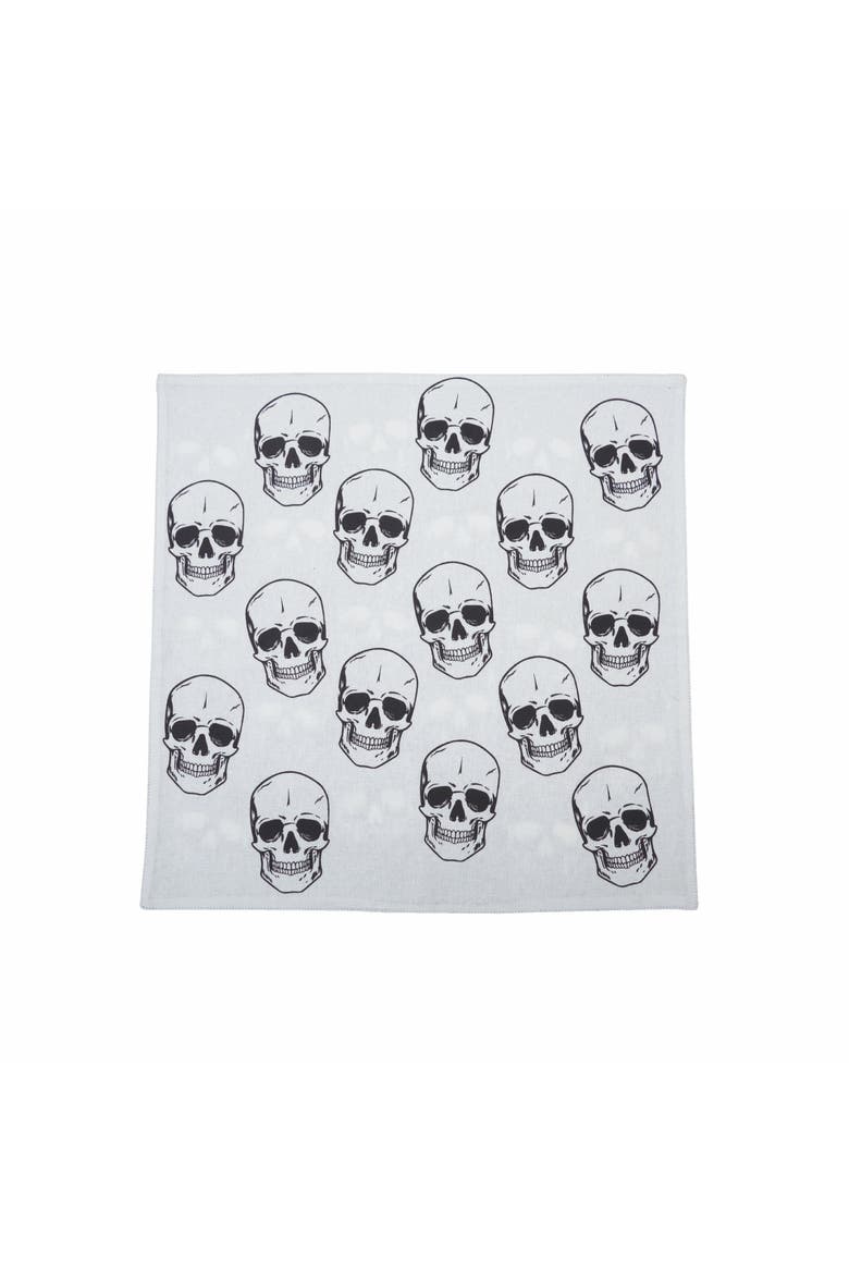 Skully Skeleton Skulls Pattern Motifs Black & White Cotton Halloween Napkins Set of 6, Alternate, color, Black