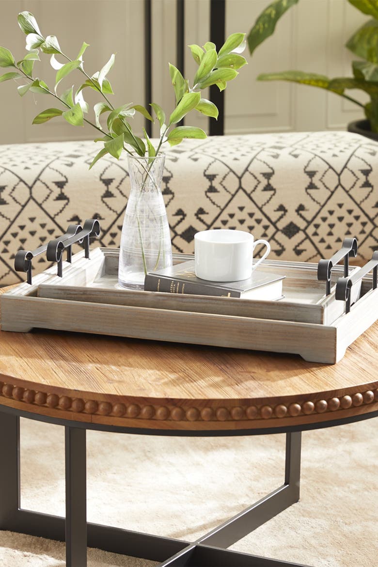 Beige Wood Tray with Metal Handles - Set of 2, Alternate, color, BEIGE