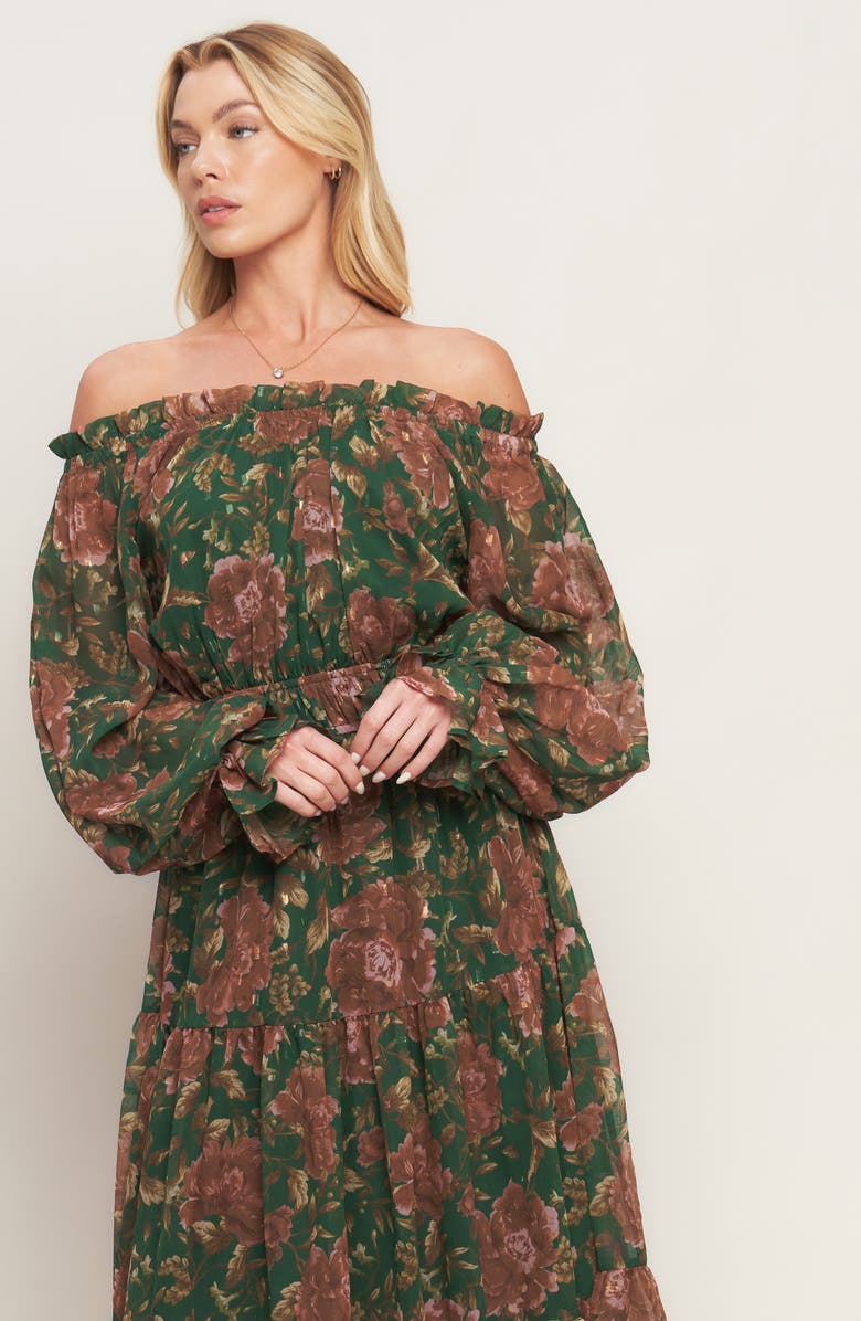 FLYING TOMATO Floral Off-the-Shoulder Maxi Dress, Alternate, color, Green
