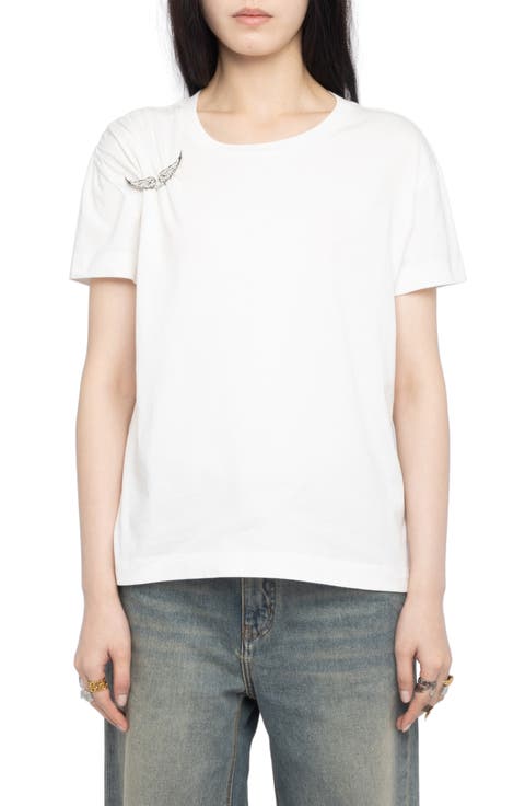 Suza Rhinestone Wing Pin Cotton T-Shirt