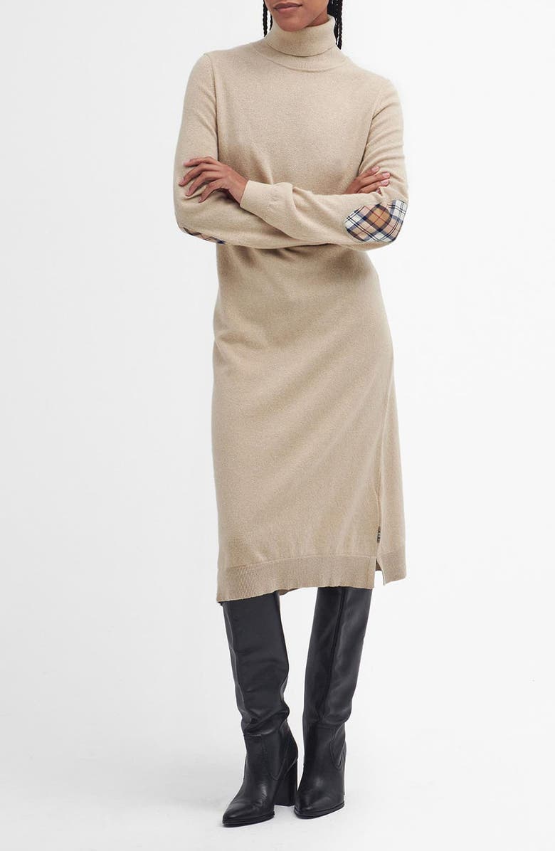 Barbour Elbow Patch Long Sleeve Wool & Cotton Turtleneck Midi Sweaterdress, Main, color, 