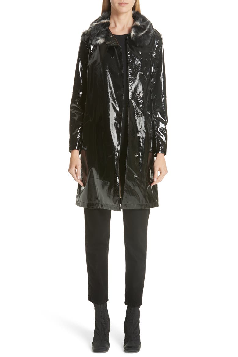 Faux Leather Coat with Leopard Print Faux Fur Collar, Main, color, BLACK