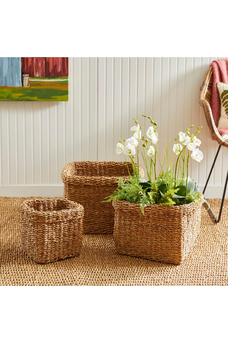 Seagrass Square Baskets With Cuffs Set of 3, Alternate, color, Beige