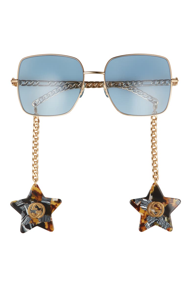 60mm Square Sunglasses with Removable Charms, Main, color, GOLD/ BLUE