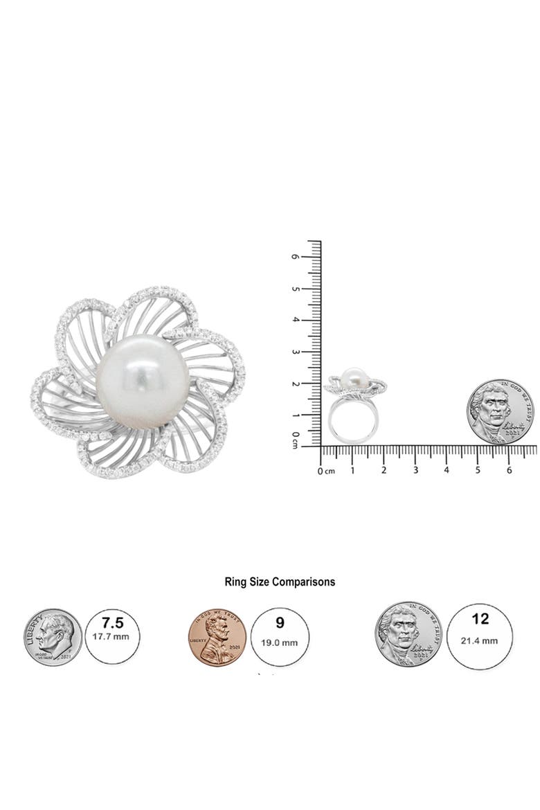 14K White Gold 11mm Pearl and 1/3 Cttw Diamond Openwork Flower Blossom Ring, Alternate, color, White