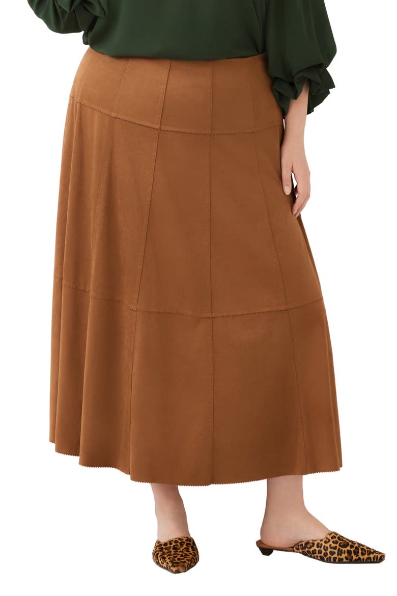Tiered Faux Suede Midi Skirt, Main, color, CAMEL