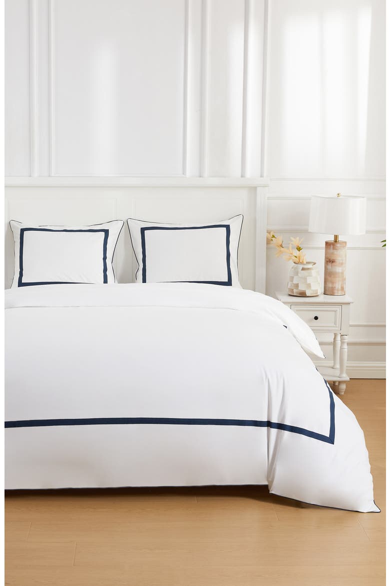Classic Border Embroidered Duvet & Sham Set, Alternate, color, NAVY
