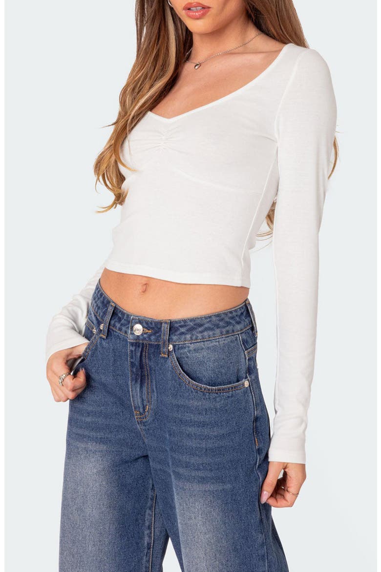 Nat Ruched V-Neck Long Sleeve Crop Top, Alternate, color, WHITE