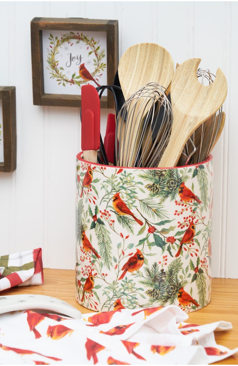 C&F Home Christmas Red Cardinal & Greenery Dolomite Kitchen Utensil Crock Holder Caddy 7", Alternate, color, White