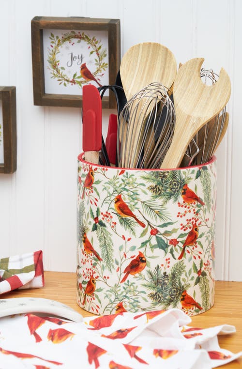 C & F Home C&f Home Christmas Red Cardinal & Greenery Dolomite Kitchen Utensil Crock Holder Caddy 7" In Multi