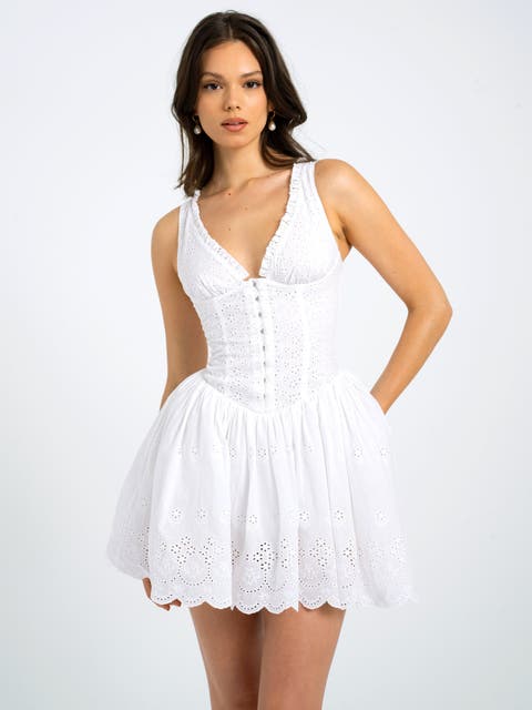 Aaliyah Eyelet Plunging Halter Drop Waist Mini Dress