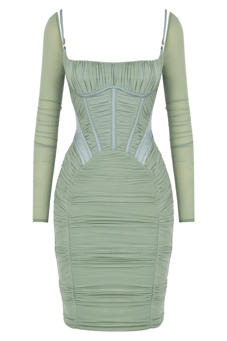 Freyja Satin Ruched Long Sleeve Body-Con Dress, Alternate, color, GREEN
