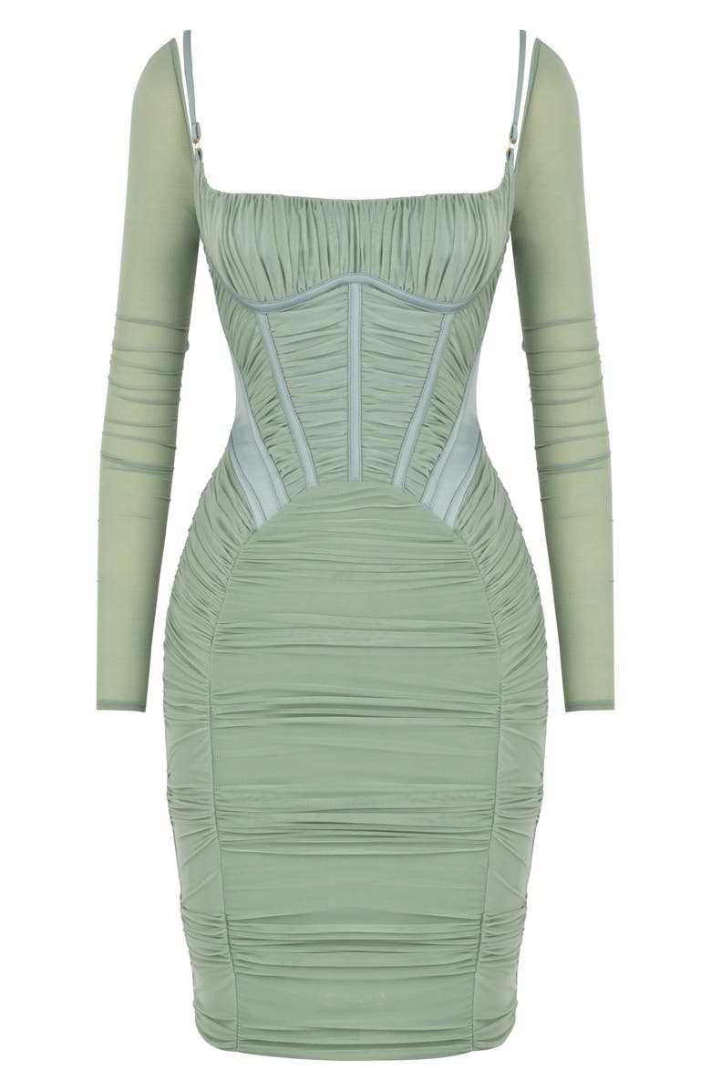 HOUSE OF CB Freyja Satin Ruched Long Sleeve Body-Con Dress, Alternate, color, Green