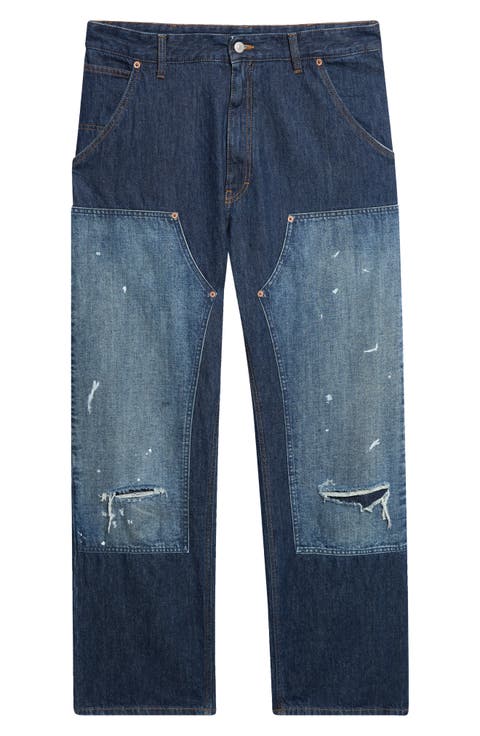 Ripped Knee Panelled Straight Leg Jeans