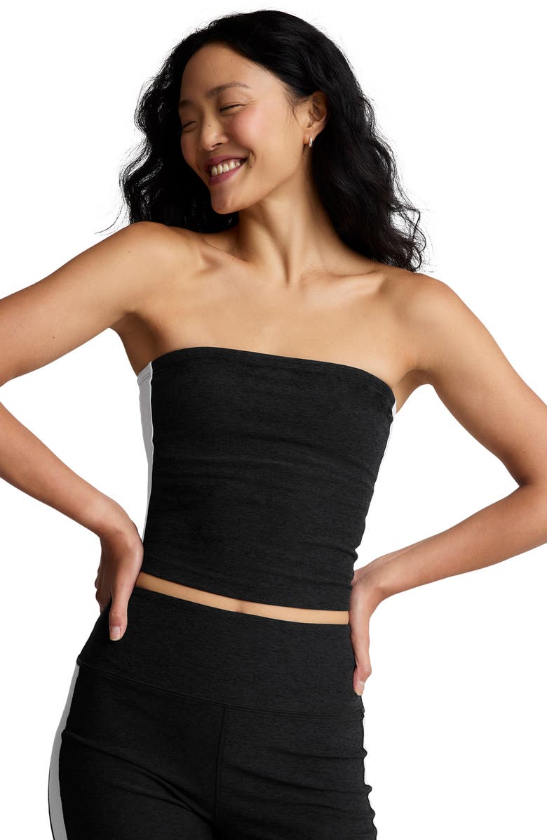 Beyond Yoga Space Dye Strapless Stripe Crop Top, Alternate, color, Darkest Night/ Cloud White