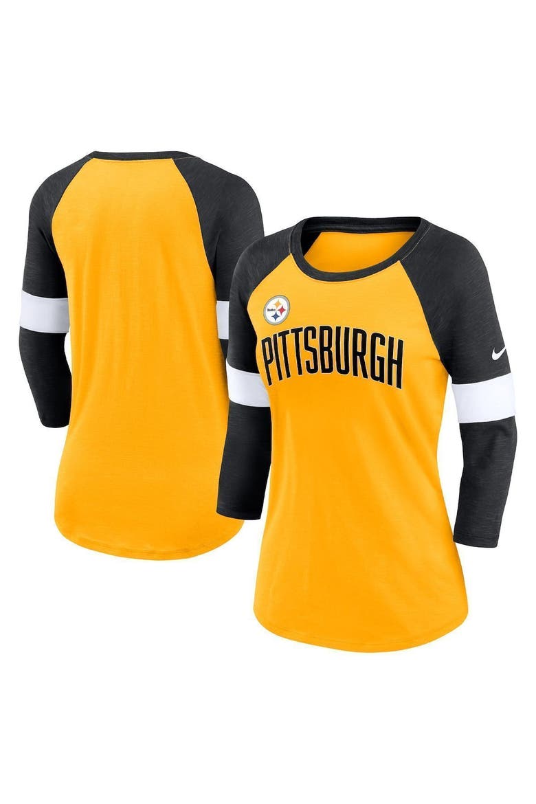 Women's Nike Pittsburgh Steelers Heather Gold/Heather Black Football Pride Raglan 3/4-Sleeve T-Shirt, Main, color, Heather Gold