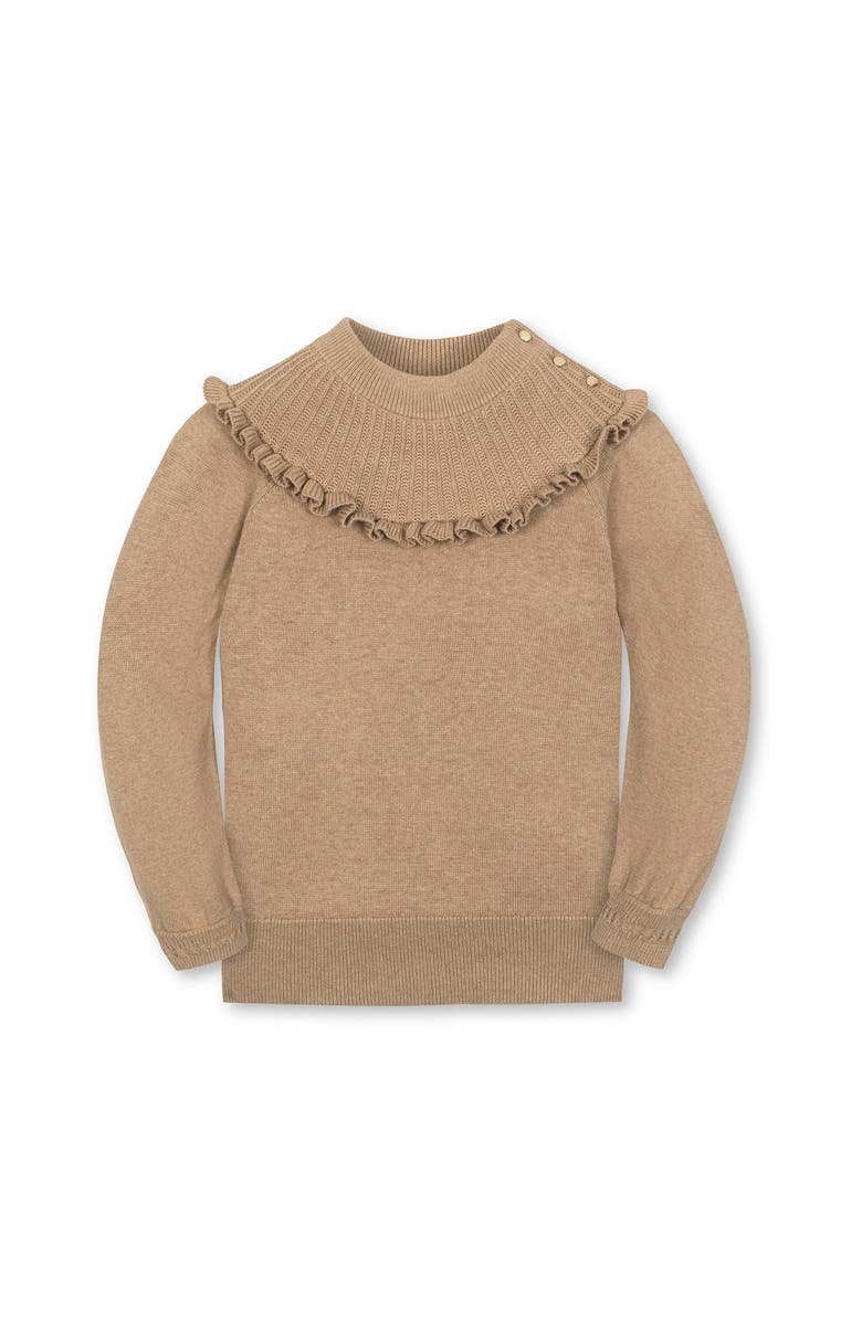 Hope & Henry Kids' Organic Long Sleeve Mock Neck Sweater with Ruffle, Main, color, Camel Heather