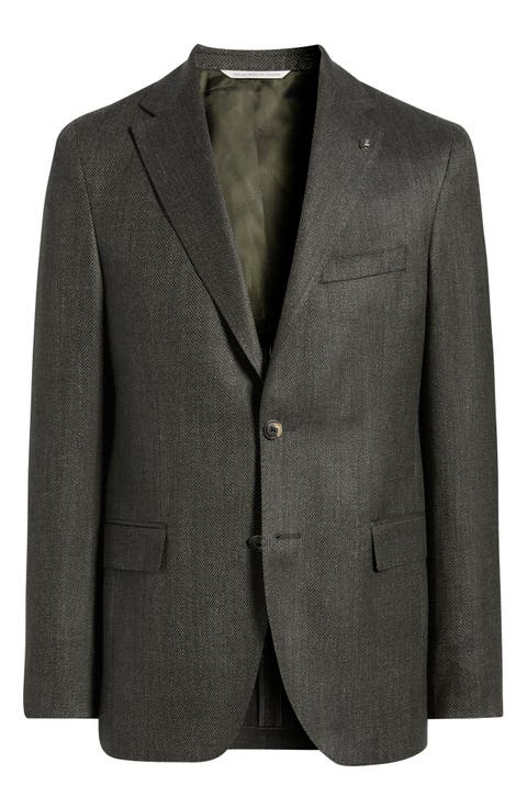 Midland Contemporary Fit Olive Green Wool Blend Herringbone Sport Coat (Regular, Short & Long)
