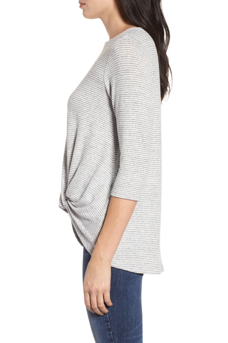 Gibson Twist Front Fleece Top, Alternate, color, GREY/ IVORY MINI STRIPE