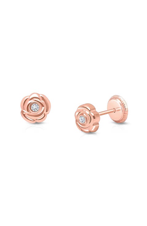 14K Gold Blushing Rose Studs Screw Back Earrings