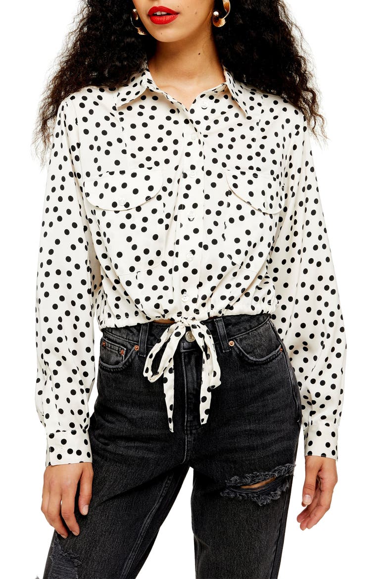 Spot Drawstring Waist Blouse, Main, color, BEIGE