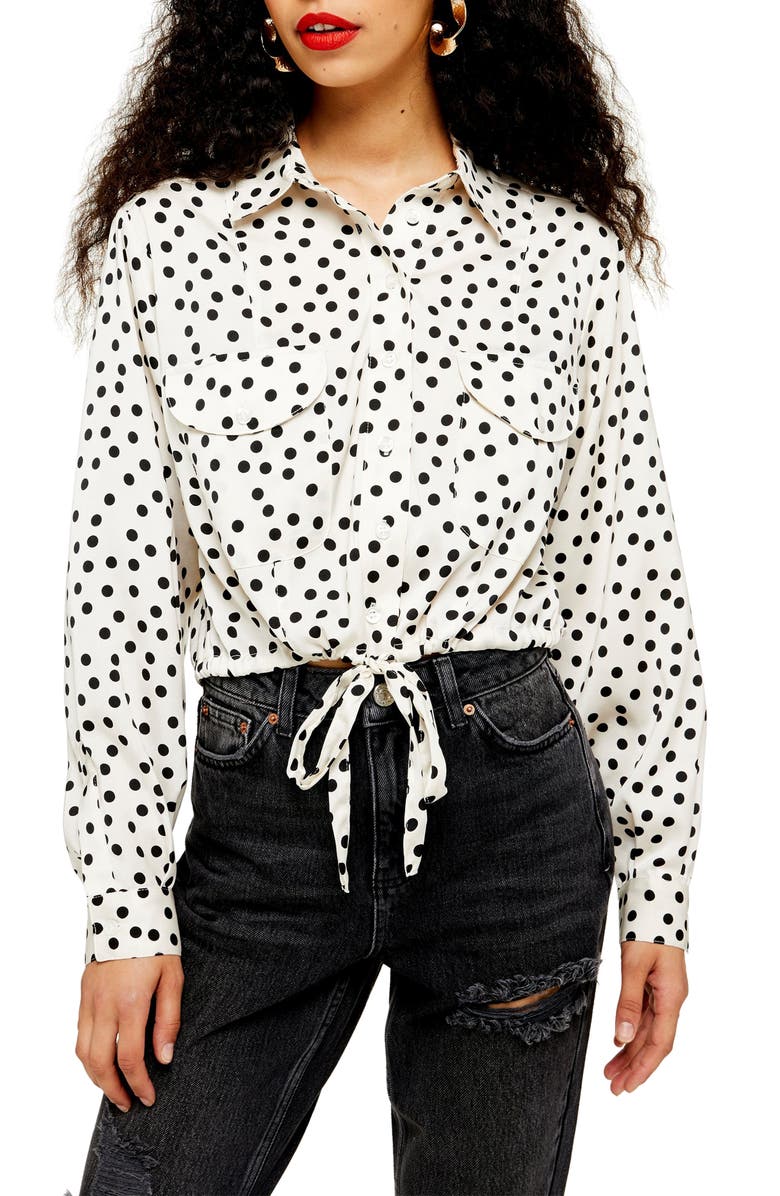 Topshop Spot Drawstring Waist Blouse, Main, color,