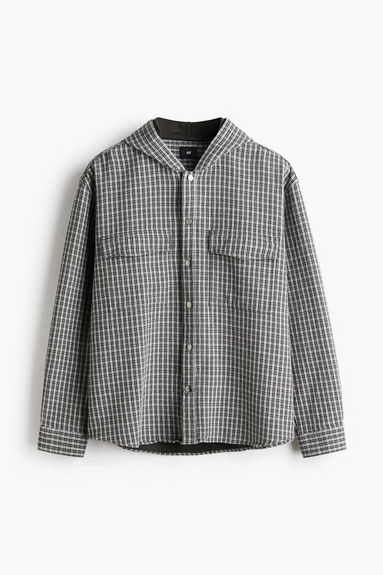 Hooded Cotton Overshirt, Alternate, color, Black/checked