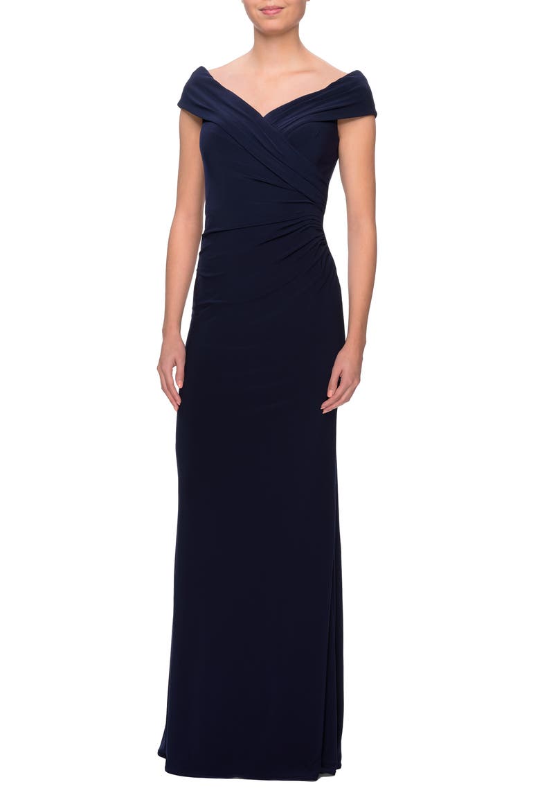 Off The Shoulder Jersey Dress with Ruching, Alternate, color, Navy