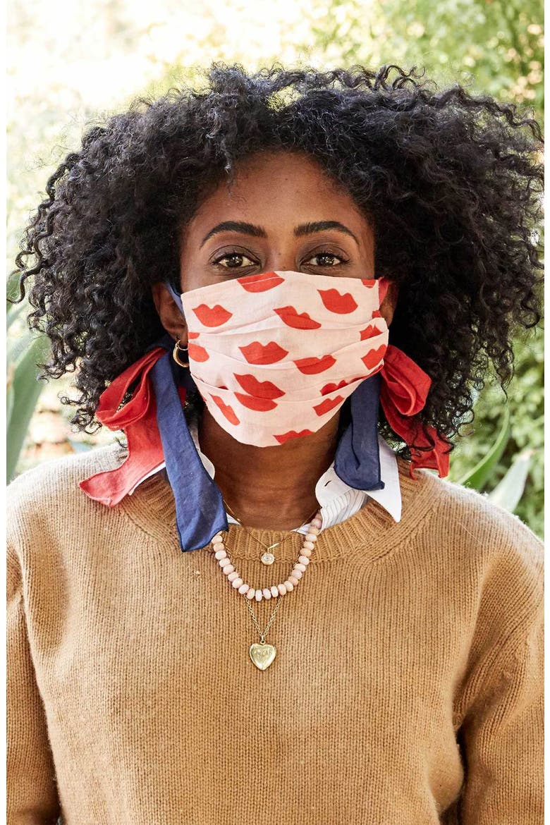 Bowie Adult Print Pleated Tie Strap Cotton Face Mask, Alternate, color, BLUSH W/ POPPY LIPS
