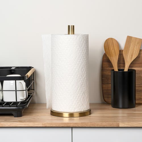 Happimess Avery Modern Classic Metal With Non Slip Weighted Marble Base Paper Towel Holder In Gold