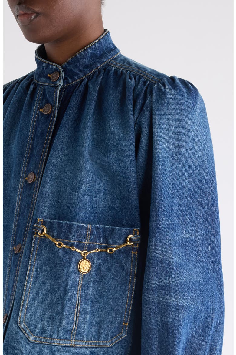 Chain Detail Puff Shoulder Denim Jacket, Alternate, color, FADED INDIGO