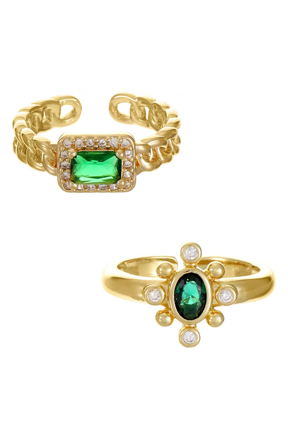 Set of 2 Cubic Zirconia Adjustable Rings, color, GREEN