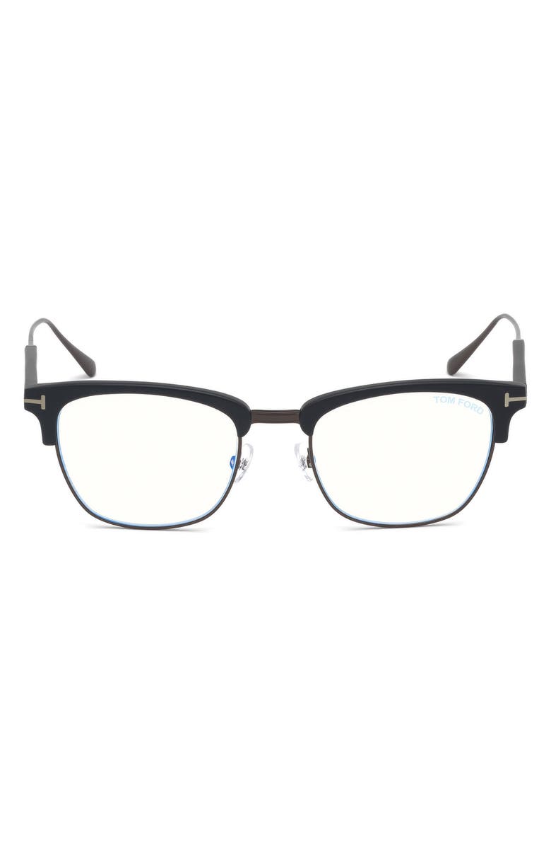 TOM FORD 52mm Geometric Blue Light Blocking Optical Glasses, Main, color, Black Ruthenium / Blue Block