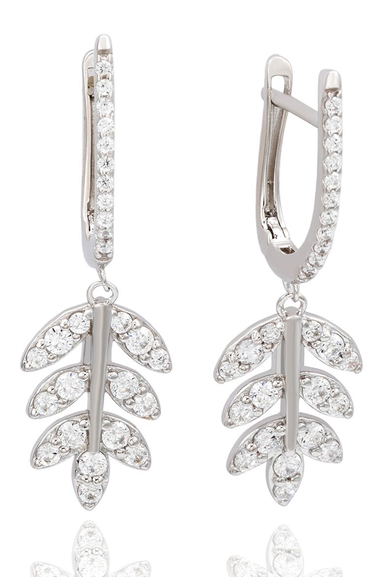 Cubic Zirconia Feather Drop Huggie Hoop Earrings, Main, color, WHITE